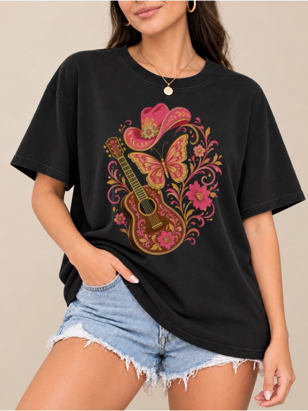 Western Cowgirl Guitar Butterfly Unisex T-shirt Country Music Tee
